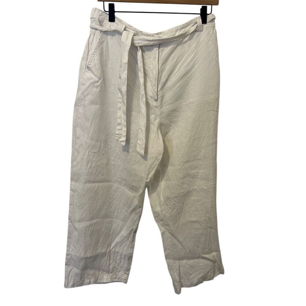 JM collection Women's 100% Linen Cropped Pants White Size 14 boho beach coastal